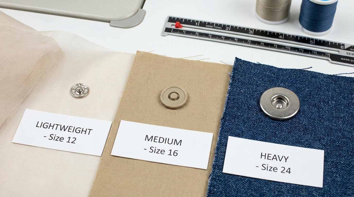 stainless steel press studs, Stainless steel press studs are installed on lightweight, medium, and heavy fabric samples in a product comparison display.
